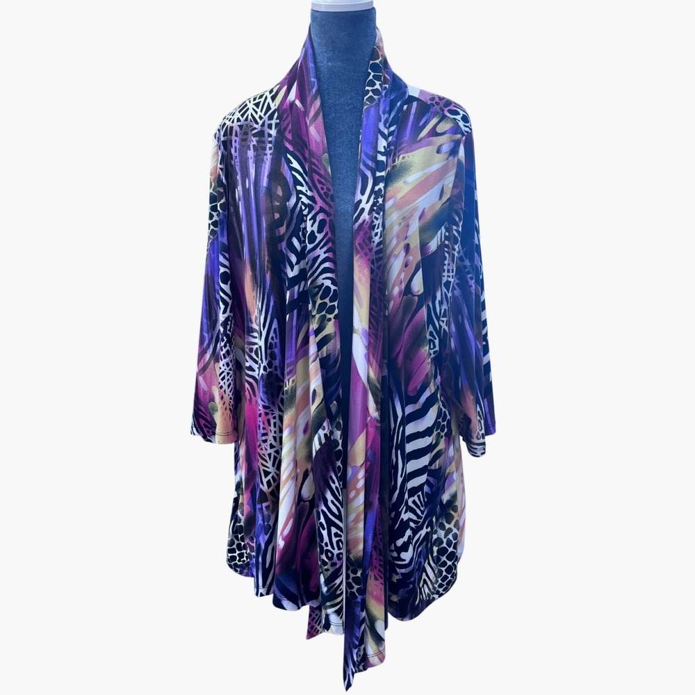 Peter Nygard Cardigan Boho Eclectic Multicolor Animal Print Open Front Draped XL